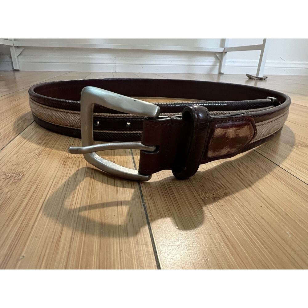 Genuine Leather Belt Nylon Lined - Brown Sz M Silver Tone Metal Buckle Durable